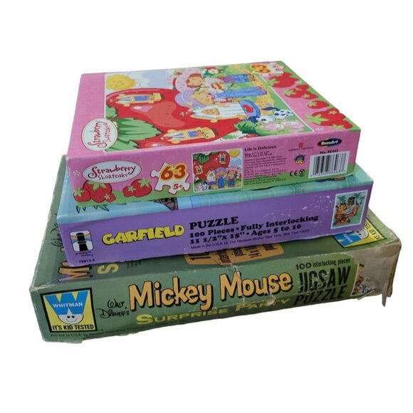 Mickey Garfield Strawberry Shortcake Puzzles Vtg Kid Child Disney Pieces Crafts - Picture 6 of 7
